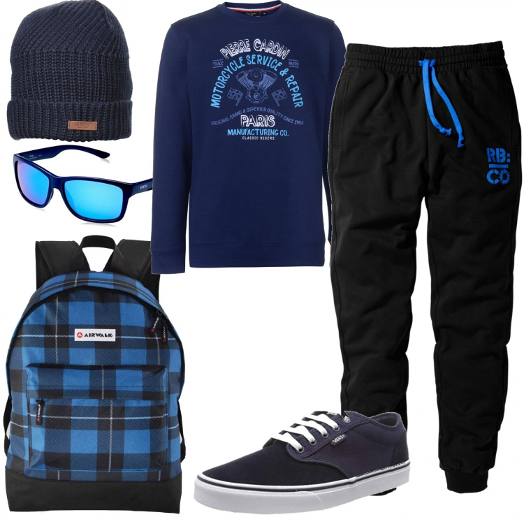 Outfit uomo - In giro per il mondo. Stile Casual per Sport. Abbinamento con pantaloni, zaino sport con zip, occhiali da sole, berretti, felpa a maniche lunghe con zip navy, sneakers effetto scamosciato blu.