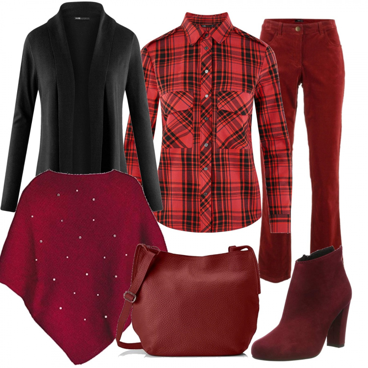 Outfit donna - Sabato casual. Stile Basic per Tutti i giorni. Abbinamento con pantaloni, camicie, cappotti, stivaletti rosso, cardigan scollo a cascata nero, shopping bag rosso.