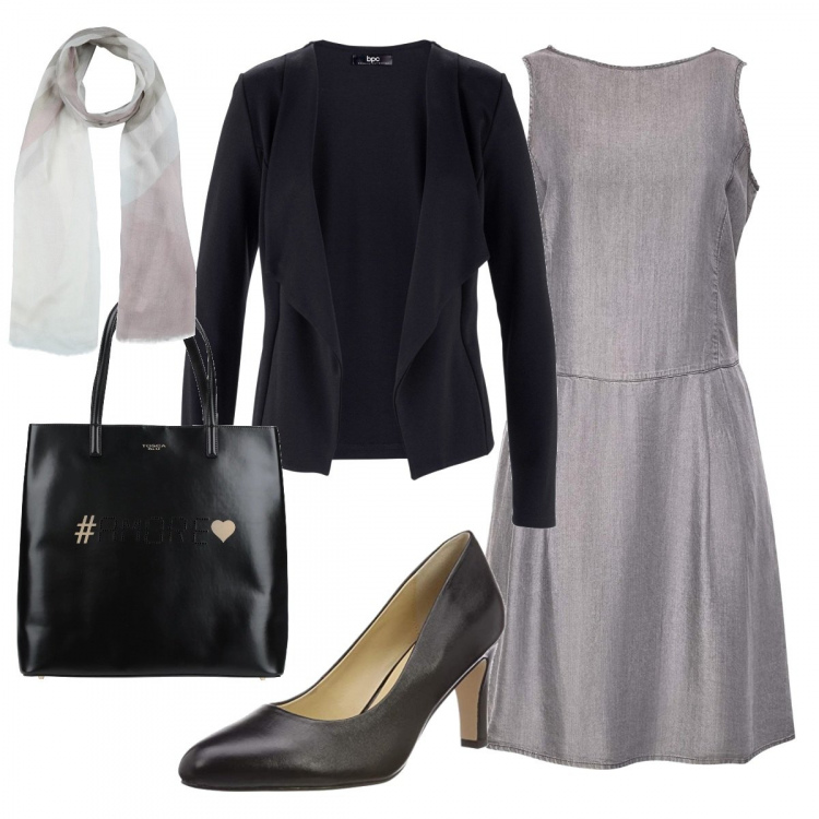 Outfit donna - Stasera aperitivo. Stile Basic per Serata fuori. Abbinamento con blazer, borsa a mano, sciarpe, vestito in denim grigio, scarpa col tacco.