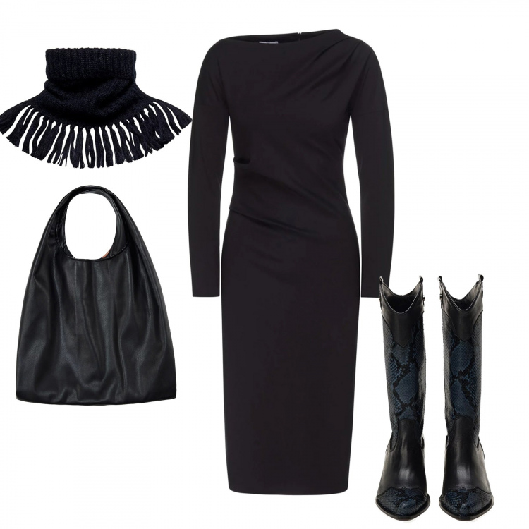Outfit donna - Black week 2019. Stile Trendy per Tutti i giorni. Abbinamento con sciarpa made italy con frange in mohair nero, vestito a tubino con spacco e scollo a maniche lunghe con zip nero, stivali made italy con stampa nero e blu, shopping bag made italy animalier in ecopelle nero.