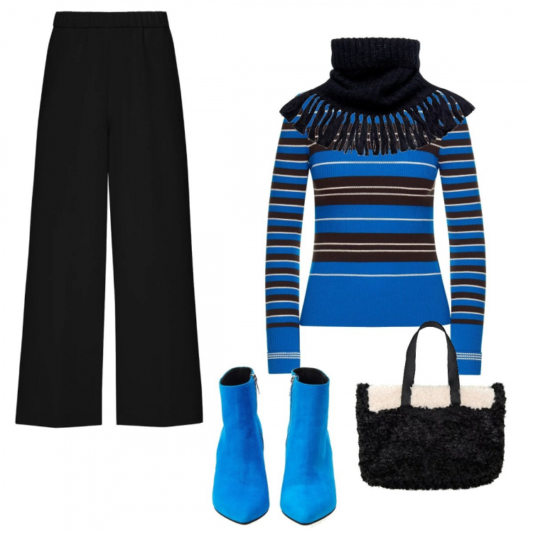 Outfit donna - La black week di Sfizio. Stile Trendy per Tutti i giorni. Abbinamento con sciarpa made italy con frange in mohair nero, maglia made italy a righe girocollo elasticizzato blu e bianco, pantalone cropped con cinturino nero, shopping bag maxi contrasto made italy bianco e nero, tronchetti made italy in pelle blu e nero.