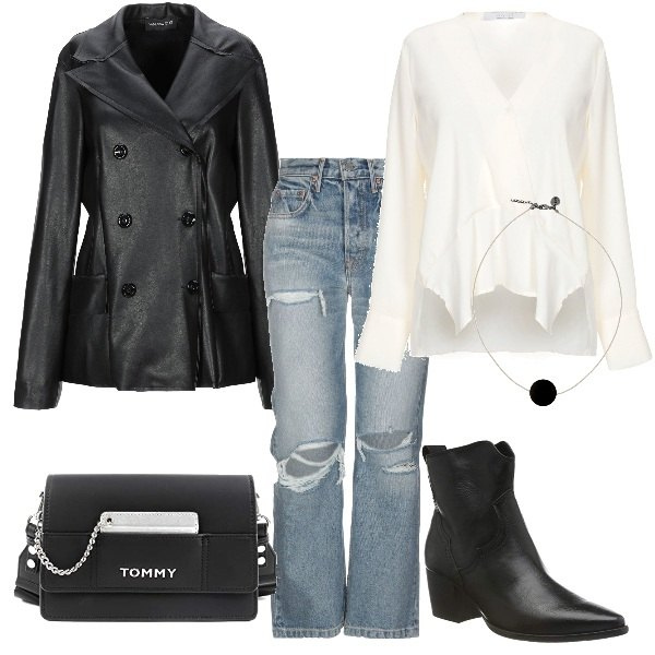 Outfit donna - Black friday: focus stivaletti. Stile Rock per Serata fuori. Abbinamento con blusa collo a v a maniche lunghe crêpe, giacca, jeans dritti, collana con perline e gancetto, stivaletti nero, borsa nero.