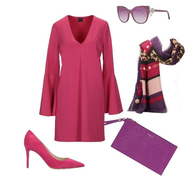 Outfit donna - Fisico a mela, palette estate. Stile Chic per Serata fuori. Abbinamento con vestiti corti, pochette, décolleté, sciarpa viola, occhiali da sole.
