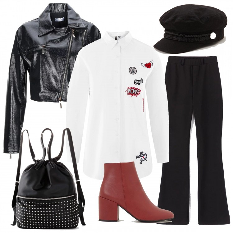 Outfit donna - Trendy #34203. Stile Trendy per Serata fuori. Abbinamento con giubbotto effetto vernice collo classico a maniche lunghe con zip interno foderato in pelle sintetica tinta unita, pantalone a zampa tinta unita nero, stivaletti con tacco largo rosso, cappello tinta unita nero, camicie, zaino.