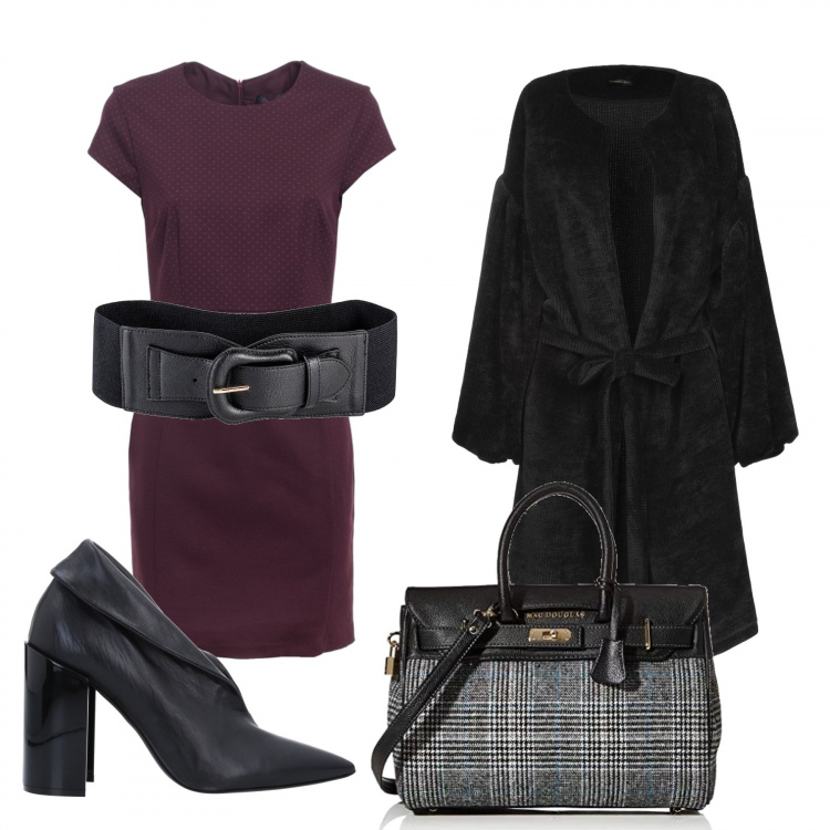 Outfit donna - Il cappotto in ciniglia. Stile Trendy per Ufficio. Abbinamento con cinture, cappotto senza tasche lavorato a maglia scollatura profonda a maniche lunghe in ciniglia tinta unita, décolleté a punta tinta unita, vestiti, borsa a mano.