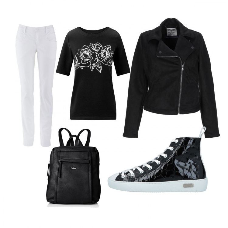 Outfit donna - La maglietta con la rosa. Stile Basic per Tutti i giorni. Abbinamento con pantaloni, giubbotto effetto scamosciato collo con revers a maniche lunghe con zip interno sfoderato tinta unita, sneakers tennis con stampa effetto vernice con punta tonda tinta unita, t-shirt con stampa in denim aderente nero, zaino con manico e zip nero.