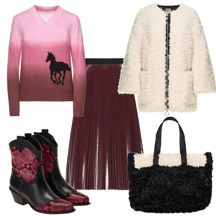 Outfit donna - Pronta per la black week. Stile Trendy per Tutti i giorni. Abbinamento con gonna midi made italy contrasto plissè con cinturino fatto a mano bordeaux e nero, shopping bag maxi contrasto made italy bianco e nero, maglia made italy con scollo rosa e nero e marrone, stivaletti nero e rosa, bomber maxi contrasto con zip nero.