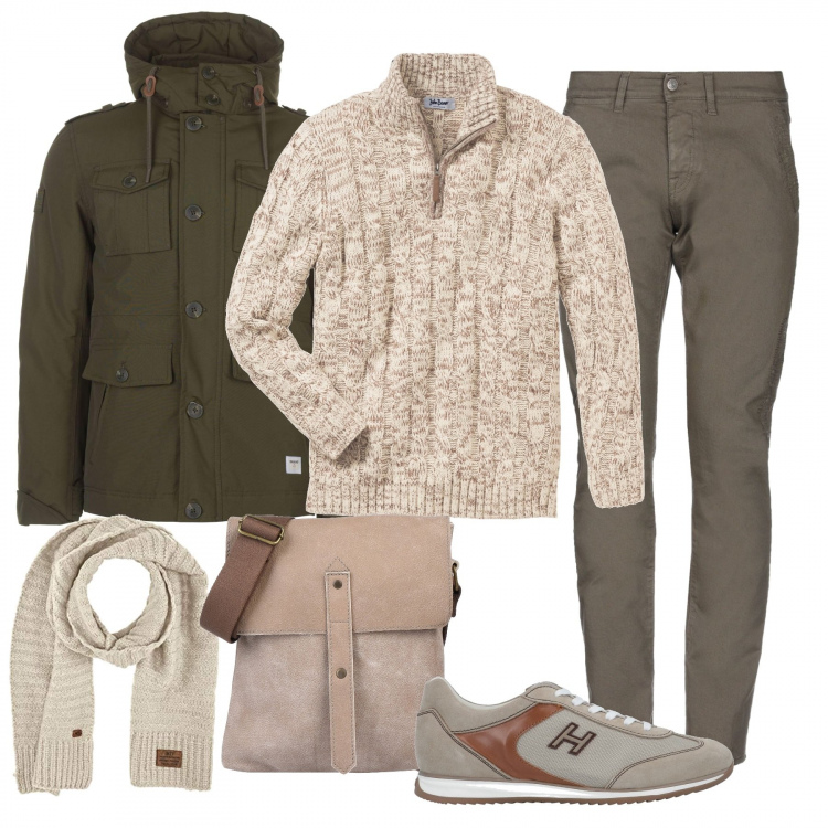 Outfit uomo - Casual a lavoro. Stile Casual per Ufficio. Abbinamento con maglieria, sneakers tennis, chino, accessori, giubbotto con zip e tasche kaki e oro, sciarpe.