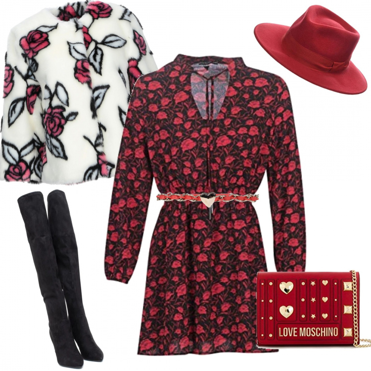 Outfit donna - Dress for black week 2019. Stile Sexy per Serata fuori. Abbinamento con cintura con fibbia in pelle sintetica tinta unita rosso, ecopelliccia, vestito rosso, stivali tinta unita nero, borse a mano, cappello rosso.