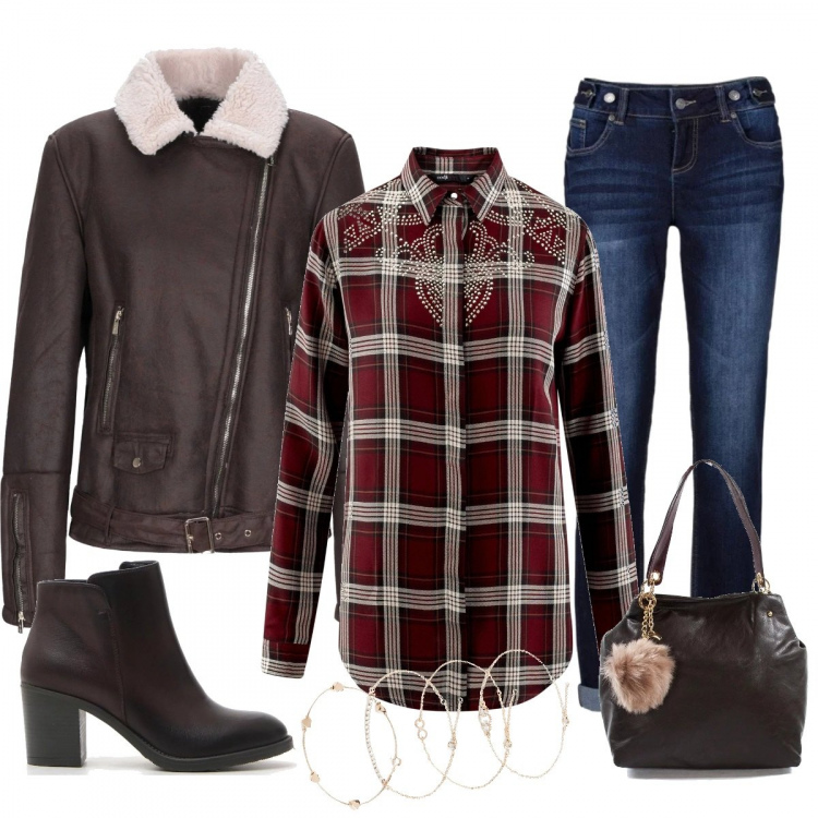 Outfit donna - La camicia decorata. Stile Trendy per Serata fuori. Abbinamento con jeans boyfriend, braccialetti, giubbotto in pelle sintetica, camicetta aderente rosso, borsa marrone, stivaletti.