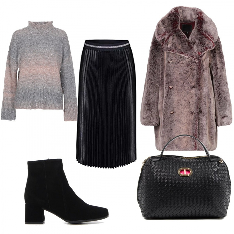Outfit donna - Trendy #34583. Stile Trendy per Tutti i giorni. Abbinamento con ecopelliccia, pullovers, stivaletti, borsa a mano in pelle nero, gonna.