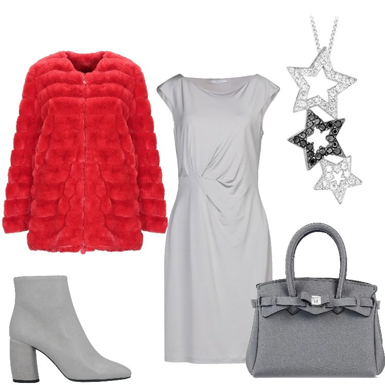 Outfit donna - Black Friday2019 Un tocco di rosso. Stile Chic per Serata fuori. Abbinamento con ecopelliccia, borsa a mano con fiocco taglia media doppio manico tinta unita, vestiti corti, stivaletti con tacco geometrico e zip con punta quadrata tinta unita, ciondoli.