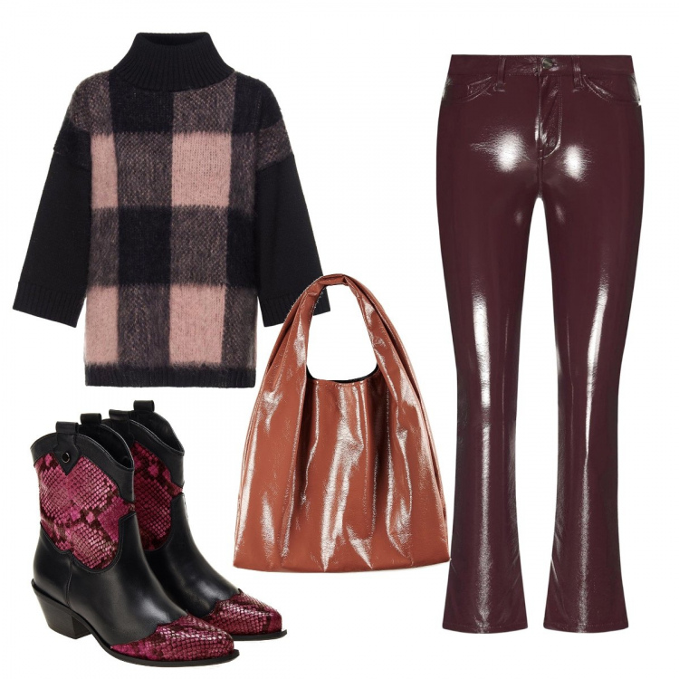 Outfit donna - Sfizio autunnale #BLACK WEEK 2019. Stile Trendy per Serata fuori. Abbinamento con maglia forma asimmetrica spacchi laterali a quadri collo alto in mohair rosa, pantalone forma svasata con cinturino e zip made italy bordeaux, stivaletti nero e rosa, shopping bag made italy in ecopelle nero.