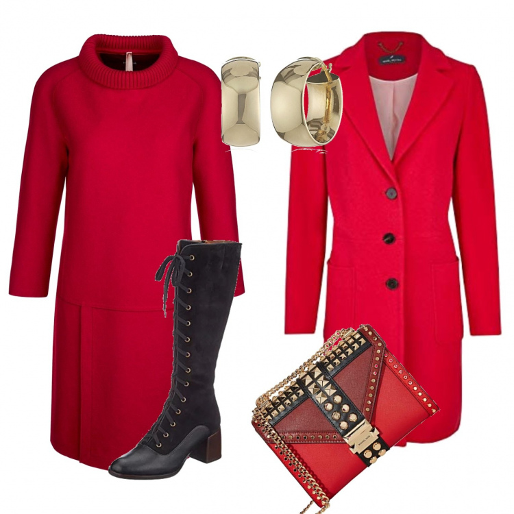 Outfit donna - Black week 2019 di Amazon moda. Stile Trendy per Tutti i giorni. Abbinamento con vestito, cappotto, borsa a tracolla messenger contrasto con borchie rosso, stivali nero, orecchini in oro giallo.