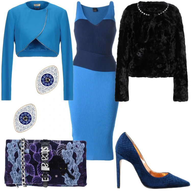 Outfit donna - In blu per il BF 2019. Stile Sexy per Serata fuori. Abbinamento con vestiti midi/longuette, ecopelliccia, décolleté a punta in velluto tinta unita, blazer, borse a mano, orecchini.