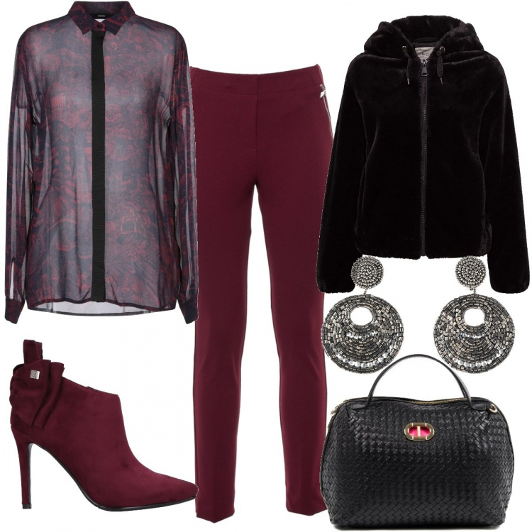 Outfit donna - Lo stivaletto col fiocco. Stile Trendy per Serata fuori. Abbinamento con stivaletti con fiocco effetto scamosciato con zip a punta in pelle sintetica tinta unita, camicia senza tasche fantasia multicolore collo classico a maniche lunghe in viscosa con bottoni, orecchini con strass e perline con farfallina, blazer, pantalone bordeaux, borsa a mano in pelle nero.