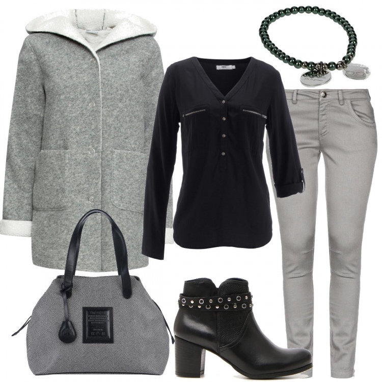 Outfit donna - Cappotto per l’inverno. Stile Basic per Tutti i giorni. Abbinamento con bluse, cappotto, borsa a mano, pantalone lungo, braccialetti, stivaletti.