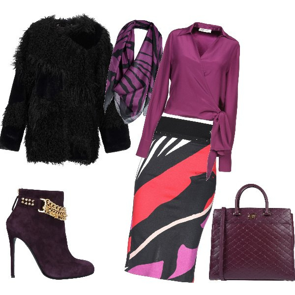 Outfit donna - Black week 2019. Stile Bon Ton per Ufficio. Abbinamento con gonna al ginocchio senza tasche fantasia multicolore con borchie e zip interno sfoderato jersey, camicia scollatura profonda a maniche lunghe in seta tinta unita, ecopellicce, stivaletti effetto scamosciato con punta tonda tinta unita, borsa a mano, foulard.