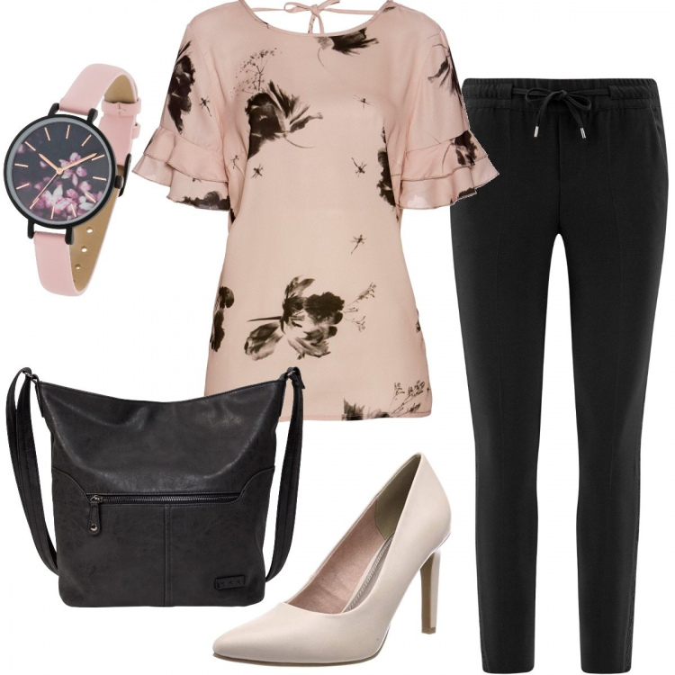 Outfit donna - Rose nere. Stile Trendy per Ufficio. Abbinamento con borse a tracolla, reggiseni, orologio, pantalone sport con pizzo aderente nero, scarpe con tacco rosa.