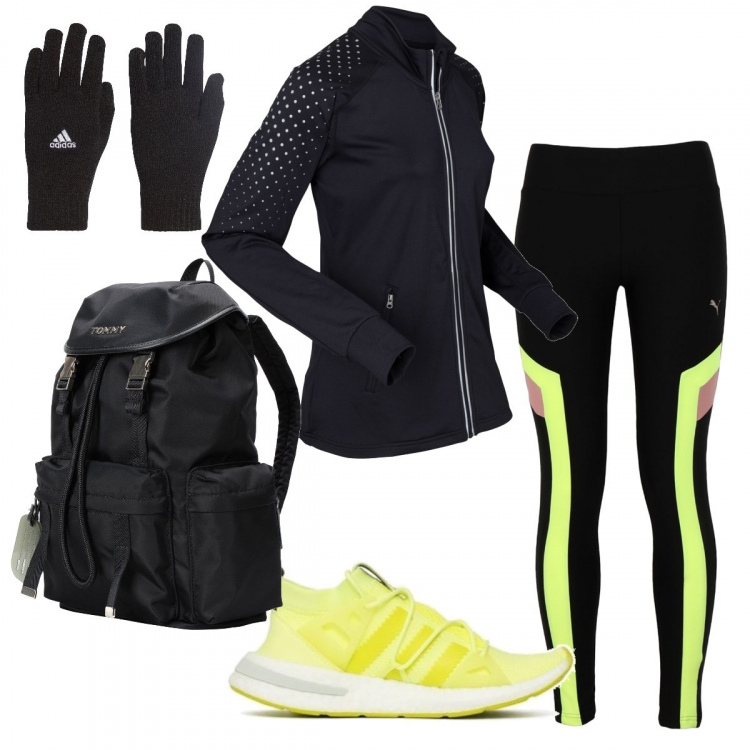 Outfit donna - Sport. Stile Urban per Sport. Abbinamento con giacche sportive, leggings con stampa in tessuto tecnico jersey, borsa, sneakers, guanti nero.
