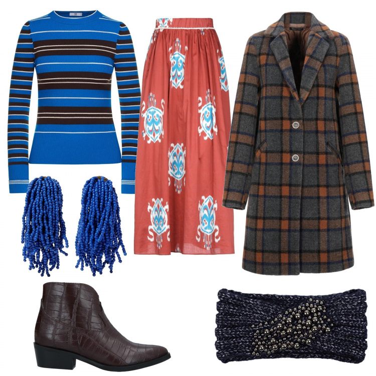 Outfit donna - Vivace come antonio marras. Stile Etnico per Tutti i giorni. Abbinamento con stivaletti, cappotto con spacco fantasia collo con revers a maniche lunghe interno foderato monopetto, gonne lunghe, orecchini, fasce per capelli, maglia made italy a righe girocollo elasticizzato blu e bianco.