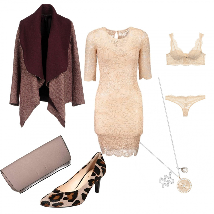 Outfit donna - Rose gold. Stile Bon Ton per Serata fuori. Abbinamento con cappotto tweed effetto laminato collo con revers a maniche lunghe interno sfoderato in denim monopetto, intimo coordinato con fiocco e pizzo tinta unita, vestito corto con pizzo girocollo rosa, pendente con catenina grigio, pochette, scarpe col tacco.