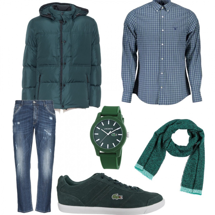 Outfit uomo - Verde total look. Stile Trendy per Tutti i giorni. Abbinamento con jeans delavé in denim tinta unita, sciarpa fantasia in bouclè, orologi, scarpa sportiva, giubbotto verde, camicia.