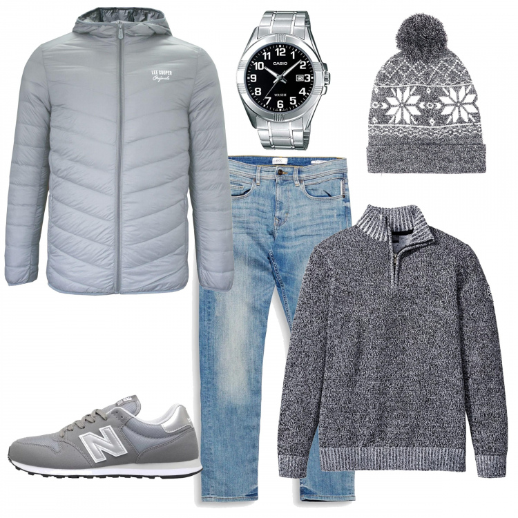 Outfit uomo - Casual #5761. Stile Casual per Tutti i giorni. Abbinamento con berretto jacquard grigio, piumino stile militare con cappuccio in denim grigio, maglieria, sneakers, orologi analogici, jeans.