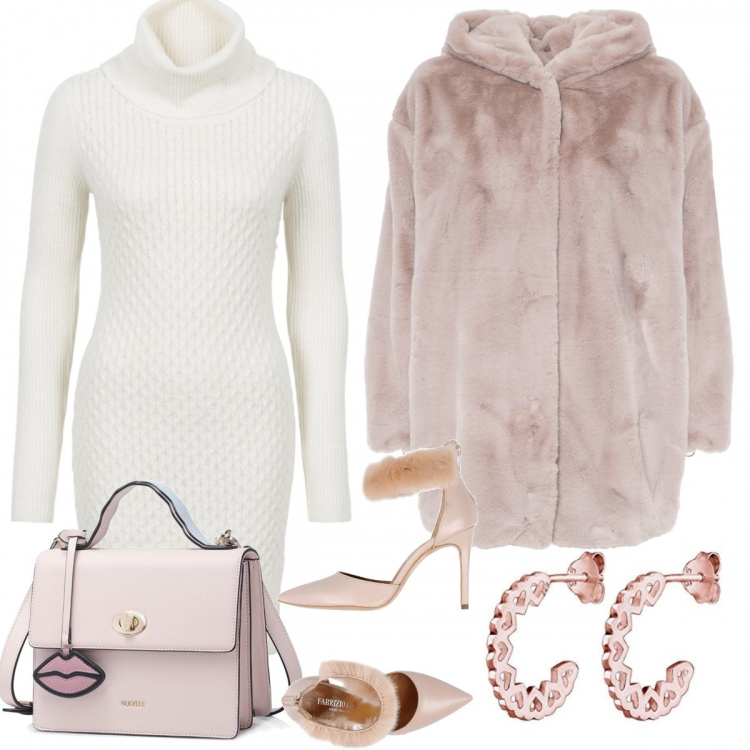 Outfit donna - Montagna. Stile Chic per Serata fuori. Abbinamento con vestiti, décolleté, borsetta rosa, parka, orecchini argento.