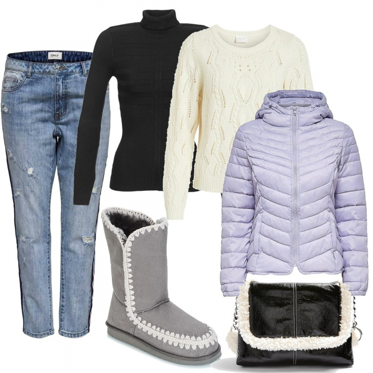 Outfit donna - Montagna trendy. Stile Basic per Tutti i giorni. Abbinamento con borsa a spalla taglia media in pelle sintetica, jeans, giacca con cappuccio, top, stivali grigio, maglieria.