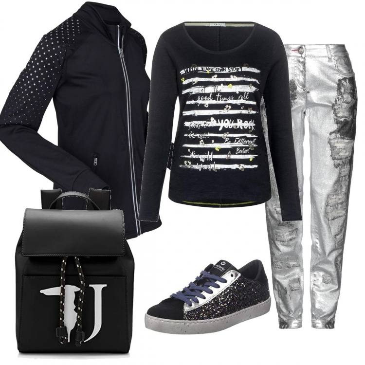 Outfit donna - Sportivo argentato. Stile Basic per Sport. Abbinamento con giacche sportive, jeans vita bassa con zip in cotone tinta unita, pullovers, sneakers glitter nero, zaini.