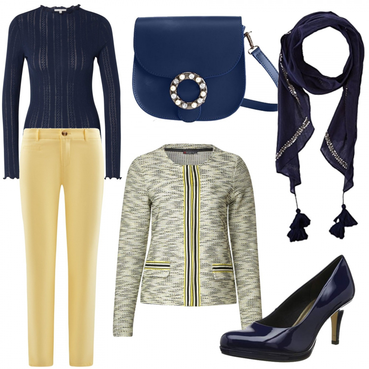 Outfit donna - Ufficio Amazon. Stile Basic per Ufficio. Abbinamento con camicia in denim, giacca, pantalone taglio dritto aderente giallo e pastello, scarpe col tacco, borse a spalla, scialli.