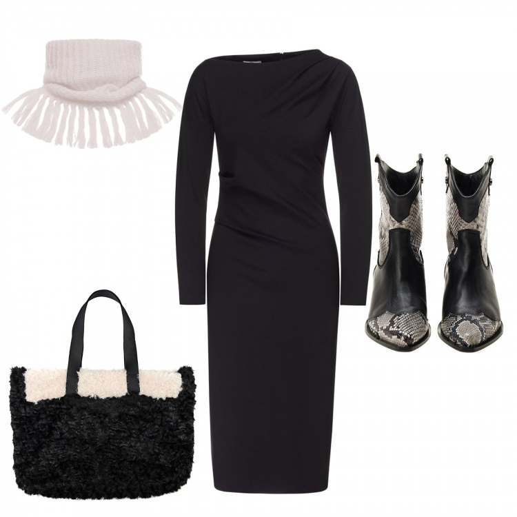 Outfit donna - Sfizio Black Week 2019. Stile Trendy per Scuola/Università. Abbinamento con vestito a tubino con spacco e scollo a maniche lunghe con zip nero, stivaletti nero e bianco, sciarpa made italy con frange in mohair, shopping bag maxi contrasto made italy bianco e nero.