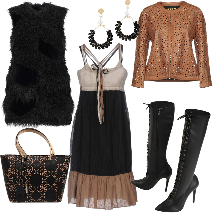 Outfit donna - Black Friday 2019. Stile Trendy per Serata fuori. Abbinamento con vestito corto a trapezio fantasia multicolore senza maniche con laccetti interno foderato in seta 70% cotone, giacca senza tasche traforato collo tondo interno sfoderato tinta unita, stivali con laccetti a punta tinta unita, ecopelliccia, orecchini, borsa a mano tote nero.