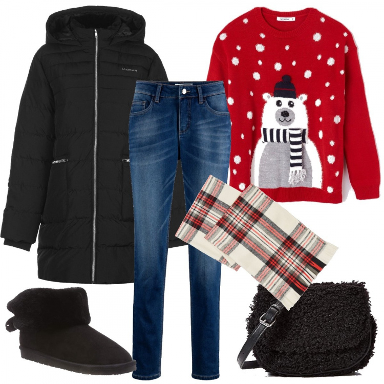 Outfit donna - In Montagna per mercatini natalizi. Stile Basic per Tutti i giorni. Abbinamento con jeans boyfriend, maglione rosso, giubbotto con cappuccio a maniche lunghe con zip e tasche nero, scarpa, sciarpa, stivali nero.