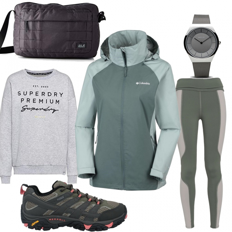 Outfit donna - A spasso in montagna. Stile Basic per Sport. Abbinamento con leggings sport fantasia jersey, sneakers tennis, giubbotto, borsa a cartella, felpa grigio, orologi.