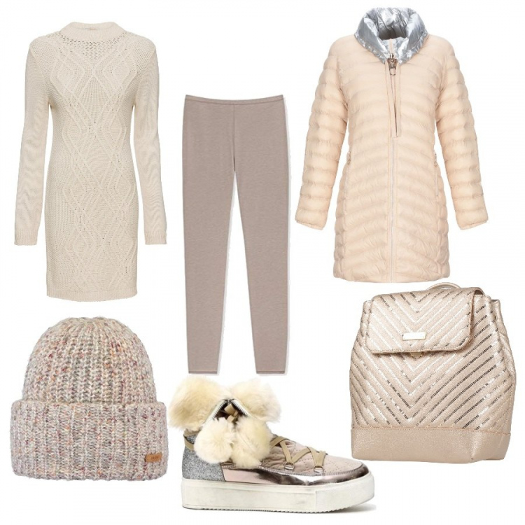 Outfit donna - Capodanno in baita. Stile Trendy per Serata fuori. Abbinamento con vestiti, piumini, borsa, scarpa, leggings, berretti.