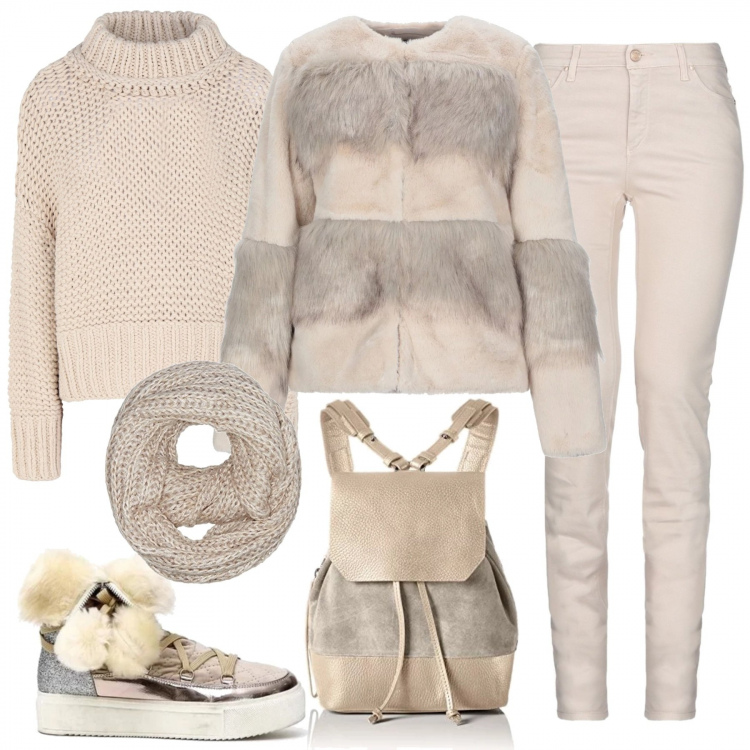 Outfit donna - Fashion ad alta quota. Stile Trendy per Tutti i giorni. Abbinamento con ecopelliccia, pantalone a sigaretta con zip in gabardine tinta unita, maglioncino lavorato a maglia collo a dolcevita a maniche lunghe tinta unita, scarpa, borse a secchiello, sciarpe.