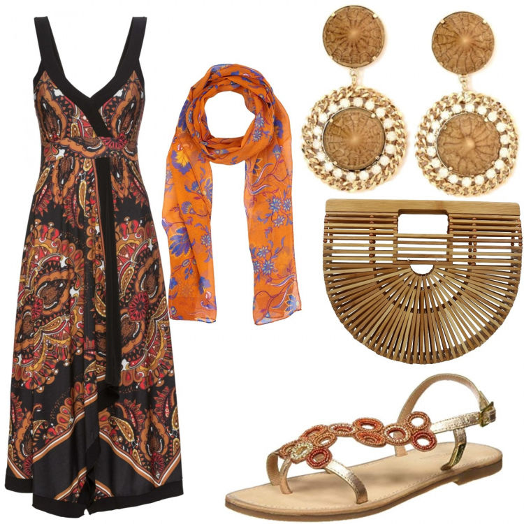 Outfit donna - Mediterranea ispirazione antonio marras. Stile Etnico per Serata fuori. Abbinamento con vestiti, sciarpa fantasia floreale in seta crêpe, borsa a mano marrone, orecchini, sandali.