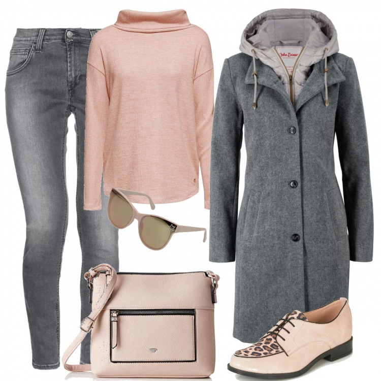 Outfit donna - Grigio e rosa. Stile Urban per Tutti i giorni. Abbinamento con cappotti, jeans, occhiali da sole, scarpe stringate, pullovers, borse a spalla.