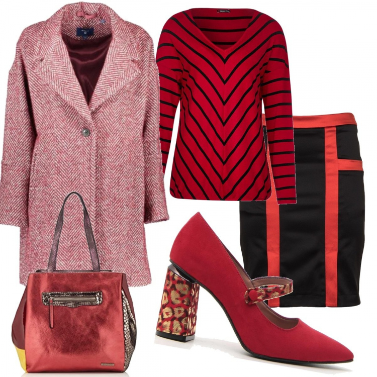 Outfit donna - BLACK WEEK 2019 red passion. Stile Chic per Ufficio. Abbinamento con trench, décolleté, shopping bag, gonne, maglia.