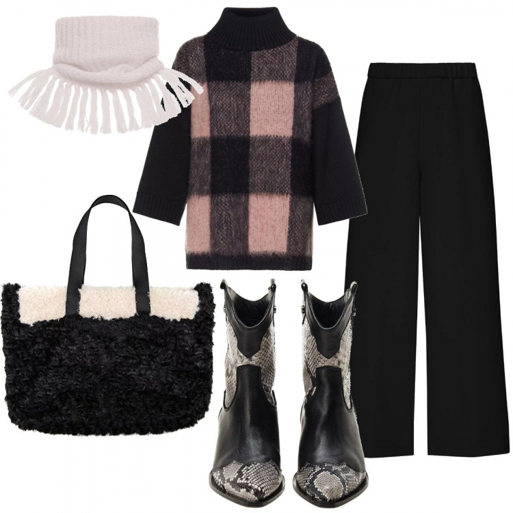 Outfit donna - black week di SFIZIO COLLECTION. Stile Trendy per Tutti i giorni. Abbinamento con maglia forma asimmetrica spacchi laterali a quadri collo alto in mohair rosa, stivaletti nero e bianco, pantalone cropped con cinturino nero, sciarpa made italy con frange in mohair, shopping bag maxi contrasto made italy bianco e nero.