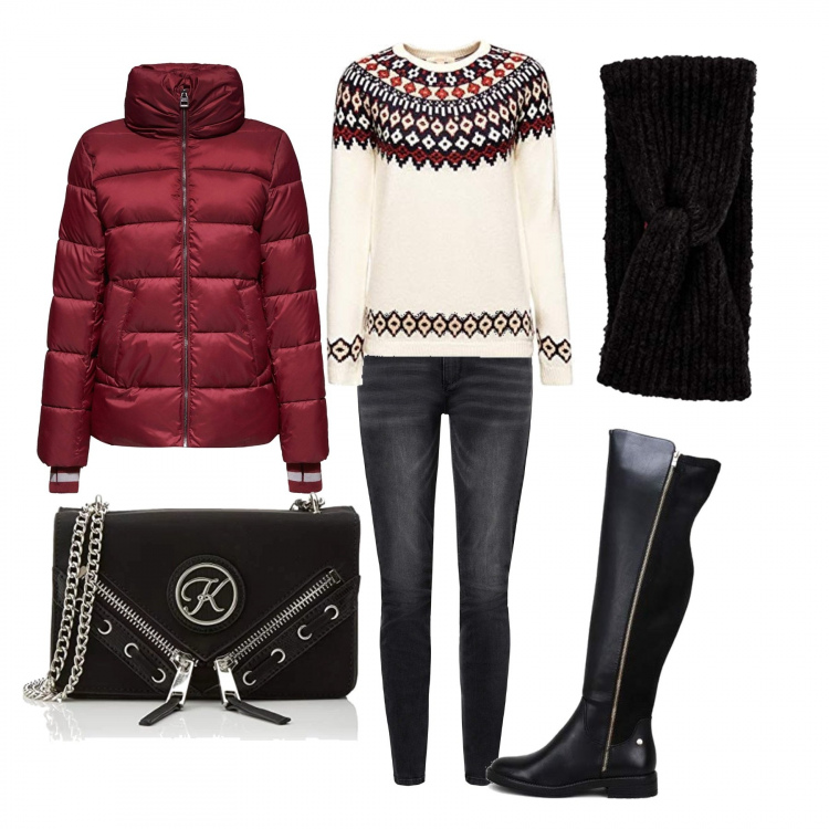 Outfit donna - Per affrontare l\'inverno. Stile Urban per Tutti i giorni. Abbinamento con stivali, felpa, giacca, accessori per capelli con fasce nero, jeans, borsa a tracolla nero.