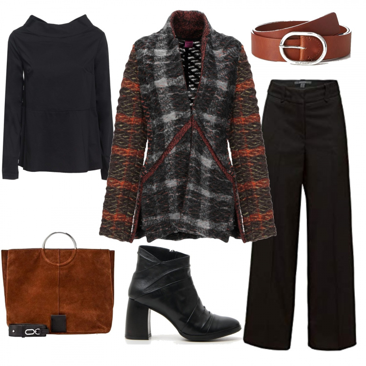 Outfit donna - Black & Orange. Stile Urban per Ufficio. Abbinamento con giacca fantasia multicolore collo a v a maniche lunghe interno sfoderato in flanella con tasche, pantaloni, camicia nero, stivaletti, cintura, shopping bag effetto scamosciato.