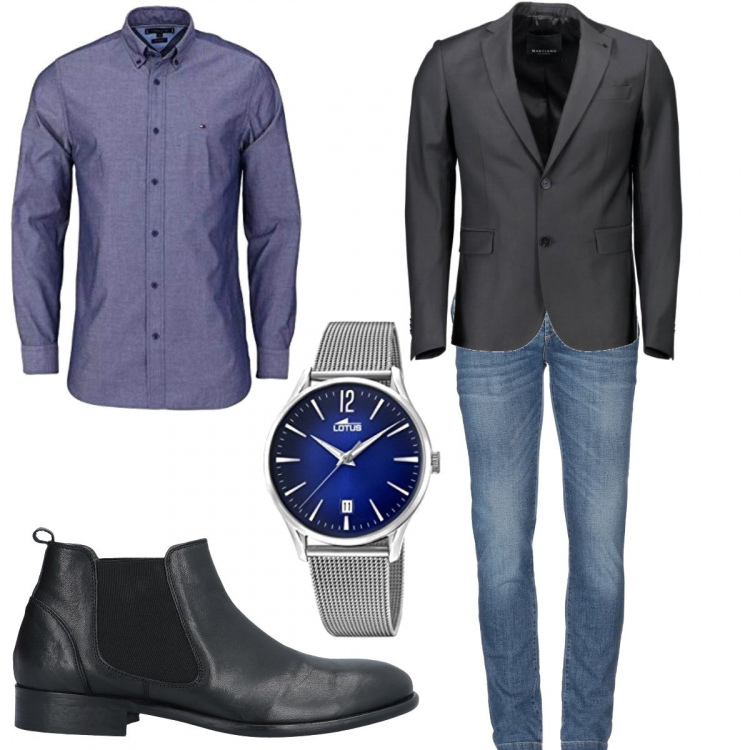 Outfit uomo - Elegante in jeans. Stile Business/Elegante per Serata speciale. Abbinamento con stivaletti con tacco squadrato e punta tonda tinta unita, jeans, camicie, abiti, orologio analogico argento.