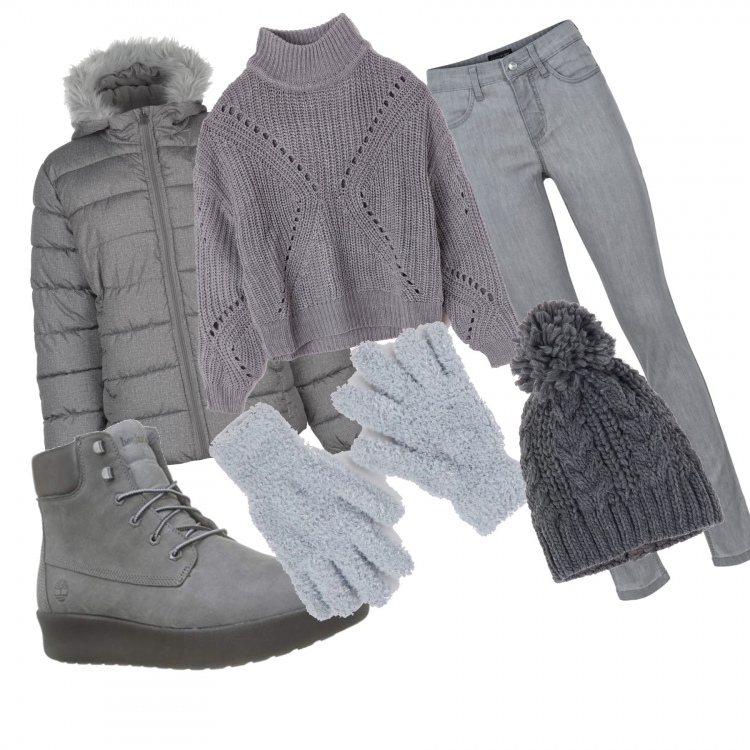 Outfit donna - Montagna!. Stile Urban per Tutti i giorni. Abbinamento con jeans skinny, maglia melange grigio, berretto a trecce melange grigio, guanti tinta unita grigio, giubbotto, sneakers grigio.