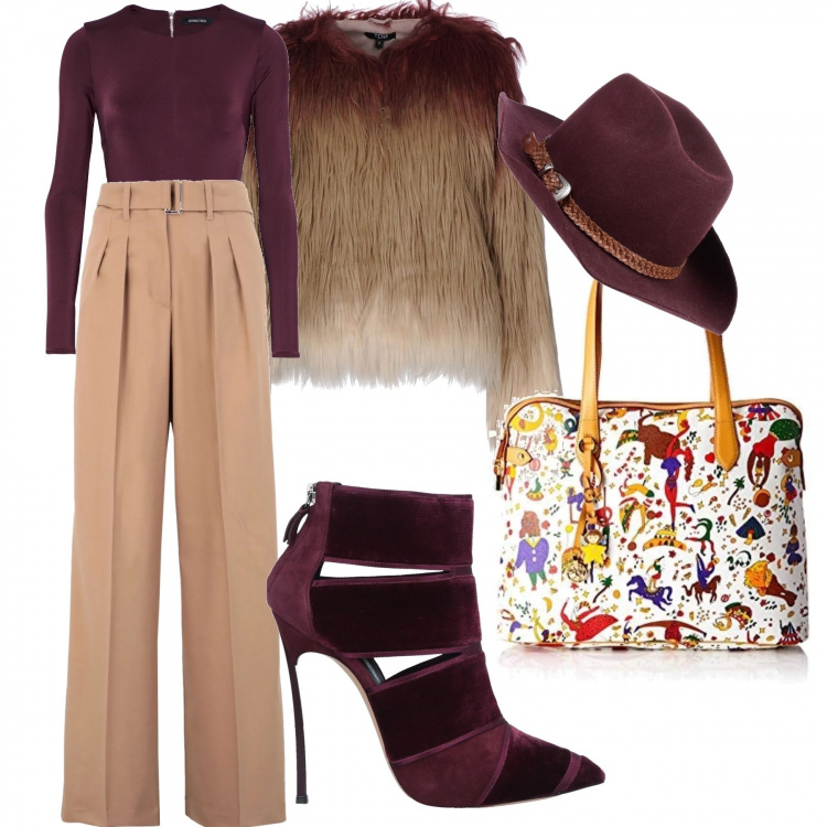 Outfit donna - Una piero guidi. Stile Sexy per Serata fuori. Abbinamento con pantalone vita alta con zip twill, ecopelliccia, t-shirt collo tondo a maniche lunghe con zip jersey, stivaletti con zip a punta in velluto tinta unita, cappello taglia media interno sfoderato in flanella tinta unita oro, borse tote.
