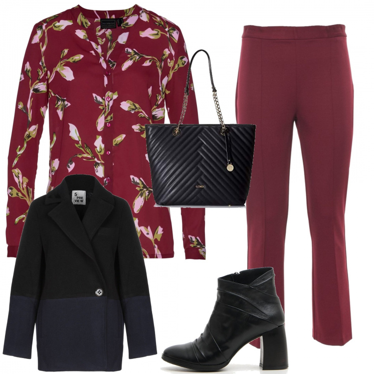 Outfit donna - Outfit per mamma. Stile Trendy per Tutti i giorni. Abbinamento con cappotto doppiopetto fantasia collo con revers a maniche lunghe interno foderato con bottoni, reggiseni, pantaloni, stivaletti, borsa a spalla.