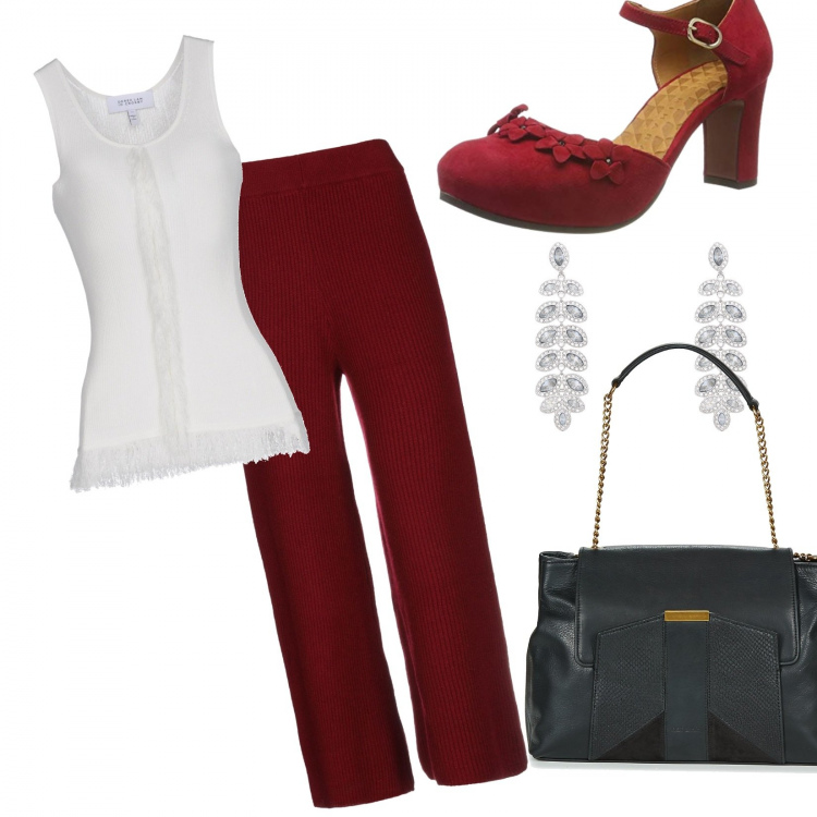 Outfit mujer - Red flower. Estilo Chic para Noche/Fiesta elegante. Combinación con zapatos de tacón, borsa a mano, pantalone, pendientes, top.
