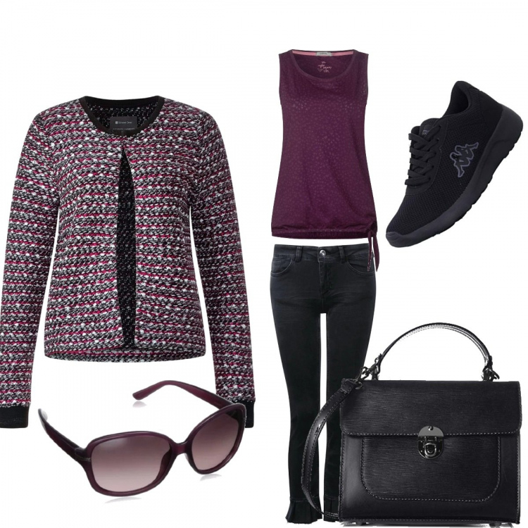 Outfit donna - In ufficio. Stile Urban per Ufficio. Abbinamento con blazer, vestaglia, sneakers, jeans slim fit nero, borse a spalla, occhiali da sole.